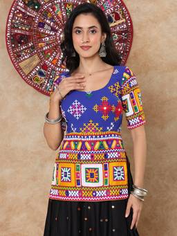 SALWAR STUDIO - Embroidered Round Neck Padded Garba Navratri Blue Stitched Blouse