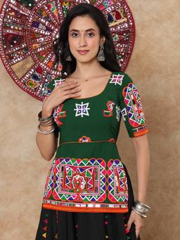 SALWAR STUDIO - Embroidered Round Neck Padded Garba Navratri Green Stitched Blouse