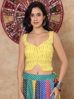 SALWAR STUDIO - Cotton Ikat Padded Yellow Stitched Blouse