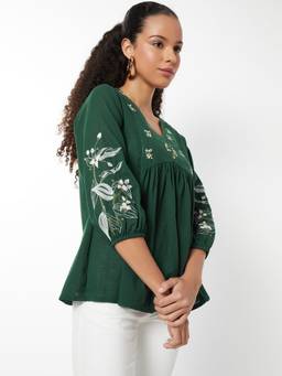 max - Women Embroidered A-line Green Tunic