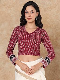 SALWAR STUDIO - Kalamkari Printed Cotton Stretchable Full Sleeves Maroon Stitched Blouse
