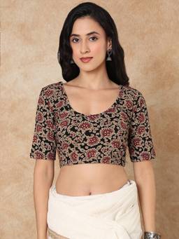 SALWAR STUDIO - Kalamkari Printed Cotton Stretchable Full Sleeves Black Stitched Blouse
