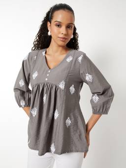 max - Women Embroidered Grey Tunic
