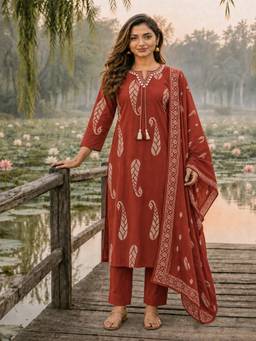 BERRYLICIOUS - Women Cotton Rust Embroidered Kurta with Pant and Dupatta