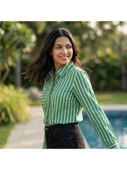 KATTAM - Promenade Stripes Printed Organic Cotton Green Shirt