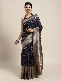 Sareemall - Women Cotton Silk Navy Blue Woven Saree with Unstitched Blouse