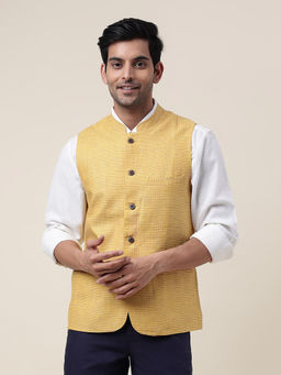 Fabindia - Yellow Linen Striped Slim Fit Vest Jacket