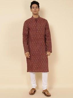 Fabindia - Maroon Cotton Printed Slim Fit Long Kurta