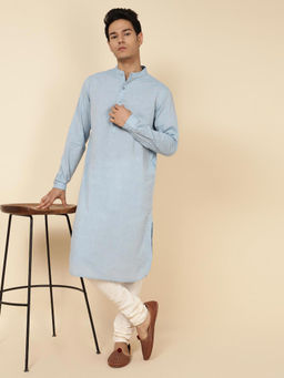 Fabindia - Light Blue Cotton Woven Slim Fit Long Kurta