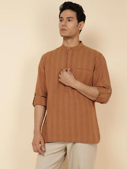 Fabindia - Brown Cotton Striped Slim Fit Mid Short Kurta
