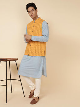 Fabindia - Yellow Cotton Printed Nehru Jacket