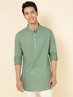 Fabindia - Green Cotton Printed Slim Fit Short Kurta