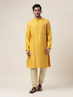 Fabindia - Yellow Viscose Silk Woven Long Kurta
