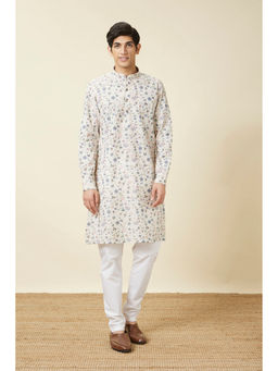 Manyavar - Natural Blended Beige Linen Printed Kurta Only