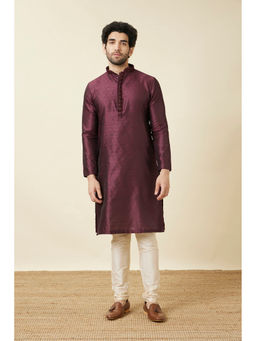 Manyavar - Wine Art Silk Embroidered Kurta (Set of 2)
