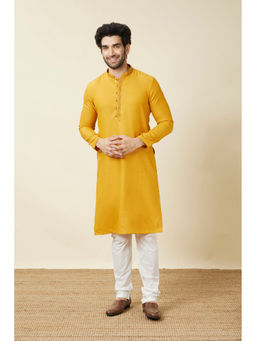 Manyavar - Mustard Blended Viscose Solid Kurta (Set of 2)