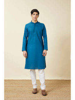 Manyavar - Blue Cotton Solid Kurta (Set of 2)