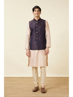 Manyavar - Navy Blue Art Silk Printed Jacket