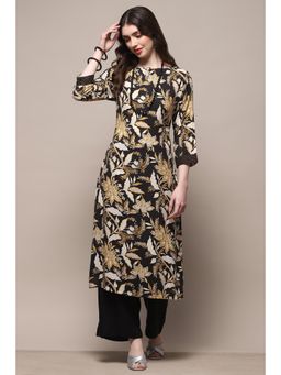 Biba - Black Rayon Straight Kurta with Palazzo (Set of 2)