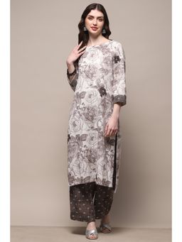 Biba - White Grey Rayon Straight Kurta with Pants (Set of 2)
