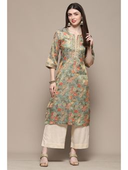 Biba - Turquoise Green Polyester Straight Kurta
