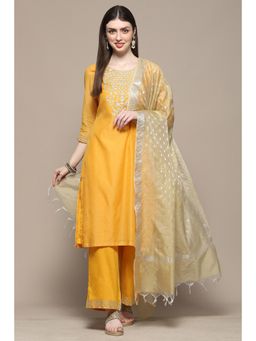 Biba - Mustard Polyester Straight Kurta with Palazzo & Dupatta (Set of 3)