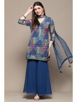 Biba - Blue Polyester Straight Kurta with Gharara & Dupatta (Set of 3)