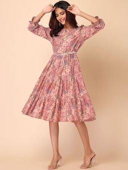 Indya - Peach Floral Print Muslin Dress With Belt (Set of 2)