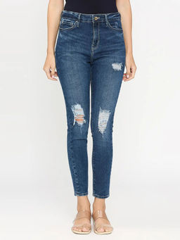 Spykar - Women's Dark Blue Super Skinny Fit Ankle Length Knee Slash High Rise Jeans (Alexa)
