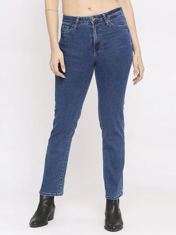 Spykar - Women's Mid Blue Lycra Slim Straight Fit - Clean Look Mid Rise Jeans - (Emma)