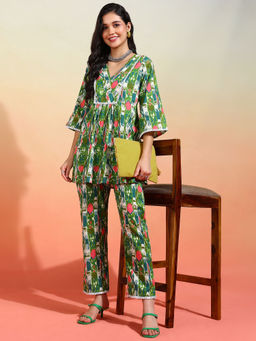 Mokshi - Womens Green Abstract Printed Top and Pant (Set of 2)