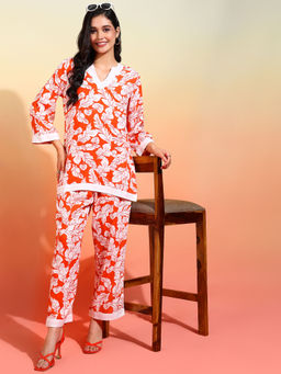 Mokshi - Womens Orange Abstract Printed Top and Palazzo (Set of 2)
