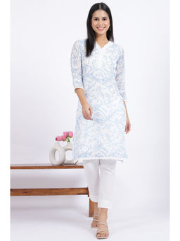 W - Stylish White Floral Printed Lace Straight Polyester Kurta