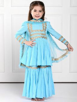 THE PONY & PEONY CO. - Zoya Blue Lace Work Kurta with Sharara and Dupatta (Set of 3)