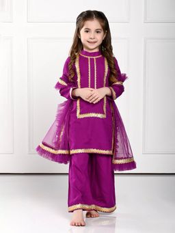 THE PONY & PEONY CO. - Ria Purple Gota Work Kurta Palazzo and Dupatta (Set of 3)