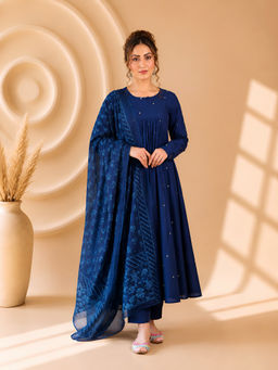 LABEL MAE - Royal Blue Embellished Anarkali Kurta with Pant & Dupatta