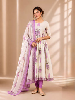 LABEL MAE - Lavender Floral Printed Anarkali Kurta with Churidar & Dupatta