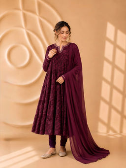 LABEL MAE - Wine Floral Printed Anarkali Kurta with Churidar & Dupatta