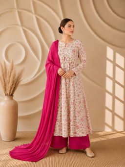 LABEL MAE - Pink Floral Printed Kurta with Palazzo & Dupatta