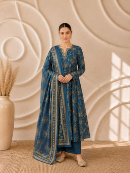 LABEL MAE - Teal Blue Floral Printed Anarkali Kurta with Pant & Dupatta