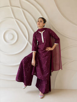 LABEL MAE - Wine Embellished Kurta with Sharara and Dupatta