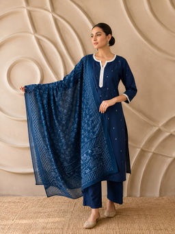 LABEL MAE - Blue Embellished Straight Kurta with Pant & Dupatta