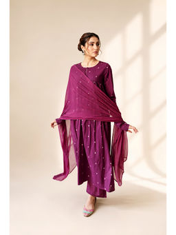 LABEL MAE - Wine Embellished Straight Kurta with Pant & Dupatta