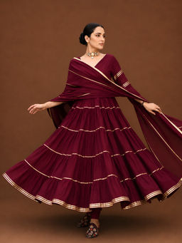 LABEL MAE - Wine Gota Work Anarkali Kurta with Churidar & Dupatta