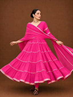 LABEL MAE - Rani Pink Gota Work Anarkali Kurta with Churidar & Dupatta