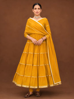 LABEL MAE - Yellow Gota Work Anarkali Kurta with Churidar & Dupatta