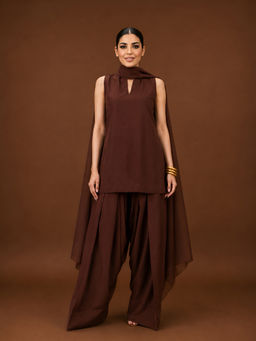 LABEL MAE - Chocolate Brown Sleeveless Kurta with Salwar & Dupatta