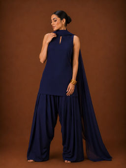 LABEL MAE - Navy Blue Sleeveless Kurta with Salwar & Dupatta