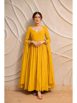 LABEL MAE - Yellow Solid Anarkali Kurta with Pant & Dupatta
