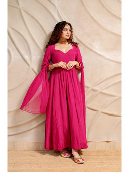 LABEL MAE - Rani Pink Solid Anarkali Kurta with Pant & Dupatta